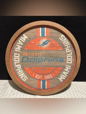 Miami Dolphins Wooden Barrel Sign NFL Football Man Cave Decor 12.5 Inches